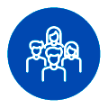Nuestro servicio Grupo de cuatro siluetas simplificadas de avatares blancos dentro de una insignia circular azul, que representan a un equipo o una comunidad.