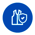 equipo sefy Icono circular azul que muestra el contorno de dos botellas y un escudo con una marca de verificación, lo que indica la seguridad o protección del producto.