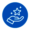reputación Una mano que sostiene una estrella brillante con destellos dentro de una insignia circular azul, que simboliza una recompensa o un logro