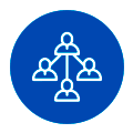 pequeño grupo Icono circular azul que muestra un diagrama de red blanco con un usuario central conectado a tres usuarios más pequeños.